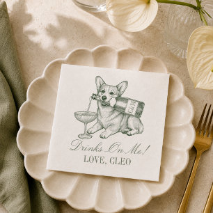 Preppy Sage Green Corgi Champagne Wedding Napkin