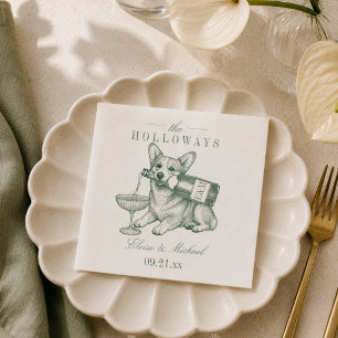 Preppy Sage Green Corgi Champagne Wedding Napkin