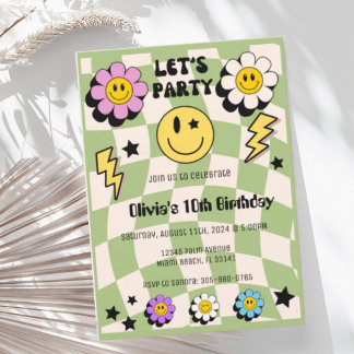 Preppy Sage Green Happy Face Party Birthday Invitation