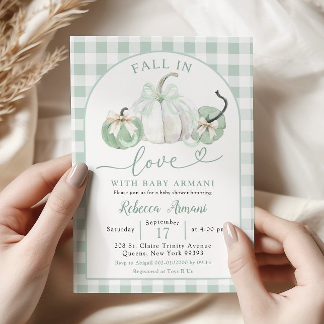 Preppy Sage Green Pumpkin Fall in Love Baby Shower Invitation (Creator Uploaded)