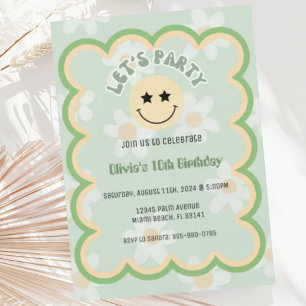 Preppy Sage Green Y2K Happy Face Party Birthday Invitation