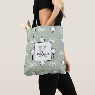 Preppy Sage White Bow Golf Pattern Monogram Tote Bag