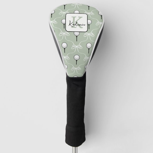 Preppy Sage White Bow Pattern Monogram  Golf Head Cover (Front)