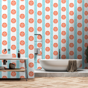 Preppy Sand Dollar Greek Key Turquoise & Coral Wallpaper