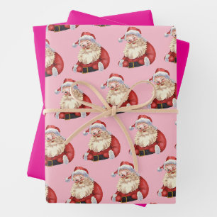 Preppy Santa Hot Pink Christmas Wrapping Paper Set