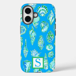 Preppy Sea Shells on Blue Background Monogram iPhone 16 Case