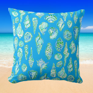 Preppy Sea Shells on Blue Seaside Cushion