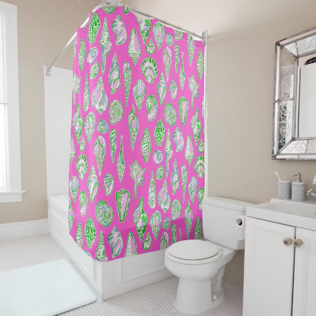 Preppy Sea Shells on Hot Pink Seaside Shower Curtain (In Situ)