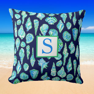 Preppy Sea Shells on Navy Background Monogram Cushion