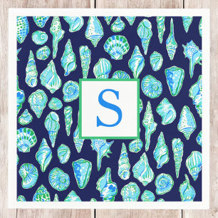 Preppy Sea Shells on Navy Background Monogram Napkin