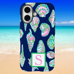 Preppy Sea Shells on Navy Blue Background Monogram iPhone 16 Case