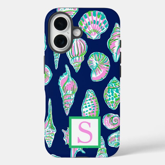 Preppy Sea Shells on Navy Blue Background Monogram Case-Mate iPhone Case (Back)