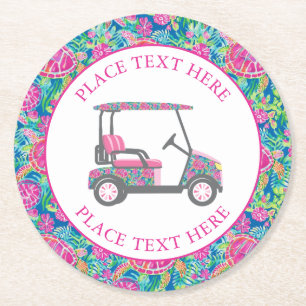 Preppy Sea Turtles Golf Cart Round Paper Coaster