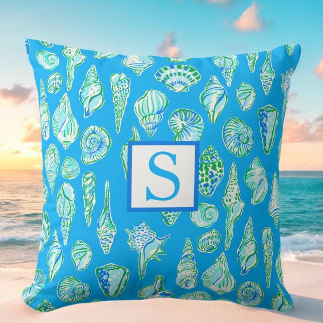 Preppy Seashell Monogram / Coastal Beach House Cushion (Creator Uploaded)