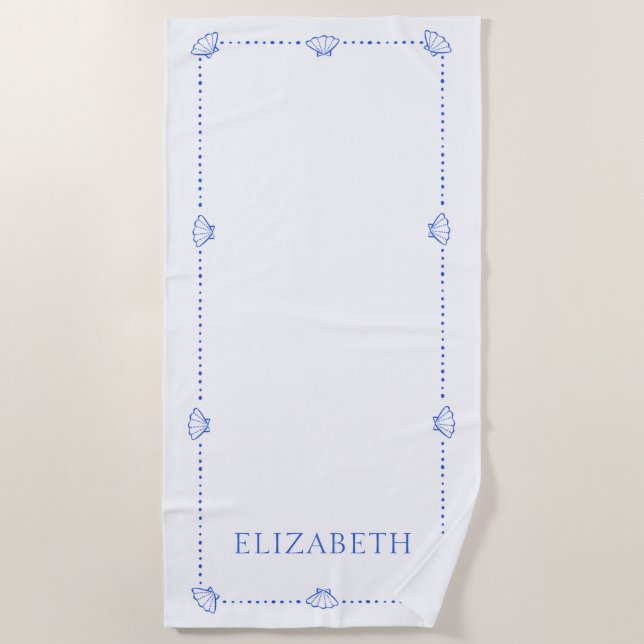 Preppy Seashell Personalised Coastal Modern Cool Beach Towel (Front)