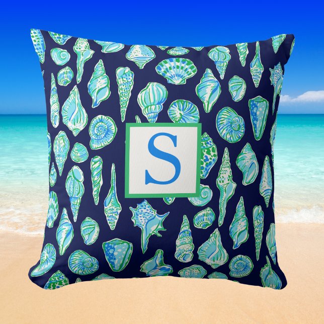 Preppy Seashells Monogram / Coastal Beach Navy Cushion (Creator Uploaded)