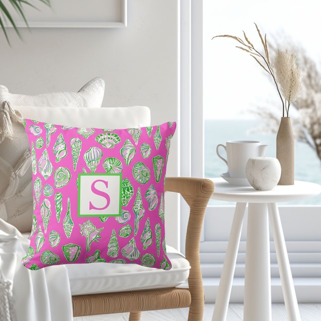 Preppy Seashells / Monogram Pink Coastal Beach Cushion (Creator Uploaded)