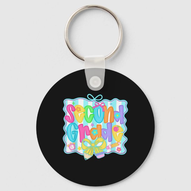 Preppy Second 2nd Grade Teacher Team Bow Back To S Key Ring (Front)