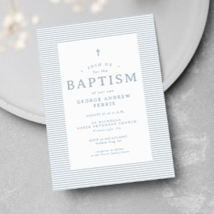 Preppy seersucker stripe blue white baptism invitation