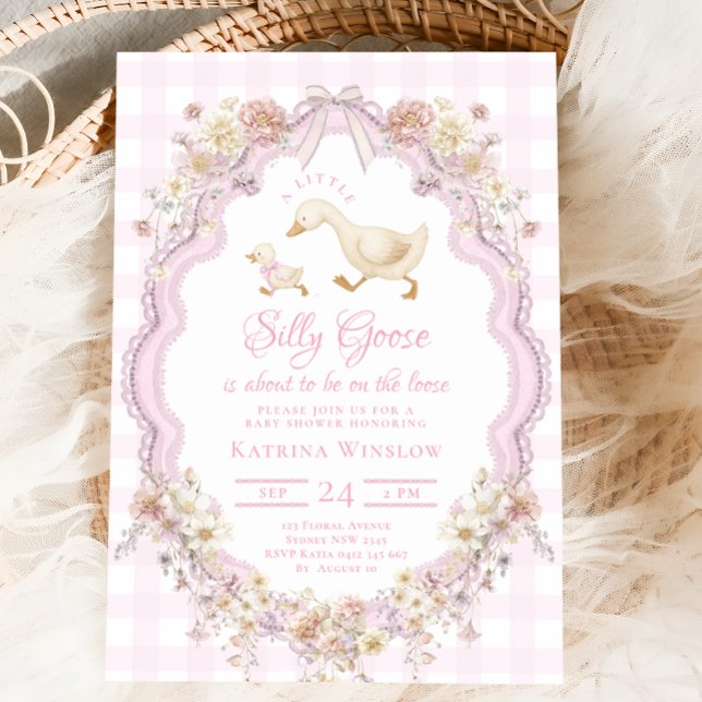 Preppy Silly Goose Pink Bow Girl Baby Shower Invitation (Creator Uploaded)