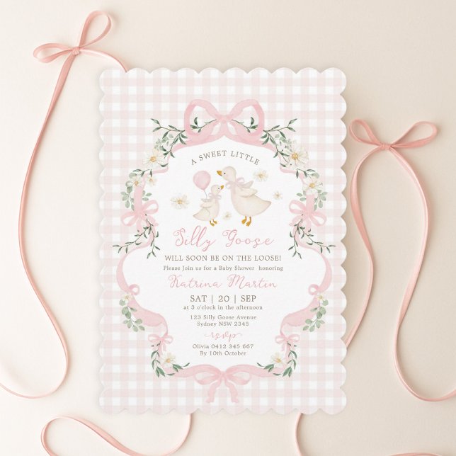Preppy Silly Goose Pink Bow Girl Baby Shower Invitation (Creator Uploaded)
