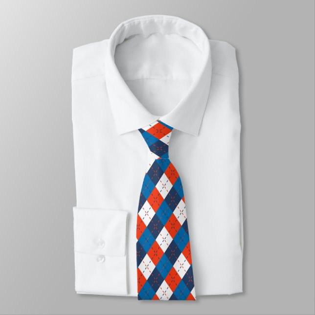 Preppy Sky Blue Navy Blue Orange White Argyle  Tie (Tied)