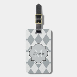 Preppy Soft Grey Argyle Girly Monogram and Name Luggage Tag