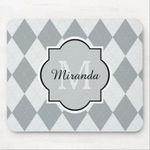 Preppy Soft Grey Argyle Girly Monogram and Name Mouse Pad