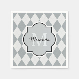 Preppy Soft Grey Argyle Girly Monogram and Name Napkin