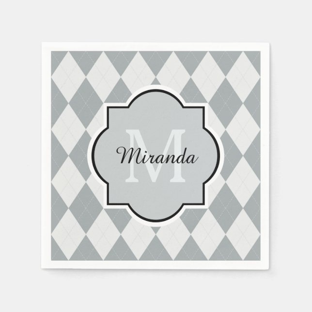 Preppy Soft Grey Argyle Girly Monogram and Name Napkin (Front)
