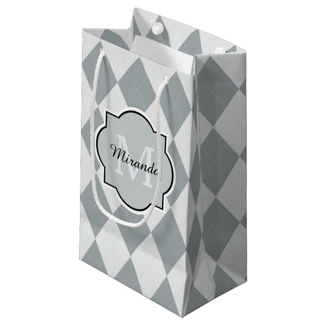 Preppy Soft Grey Argyle Girly Monogram and Name Small Gift Bag (Front Angled)