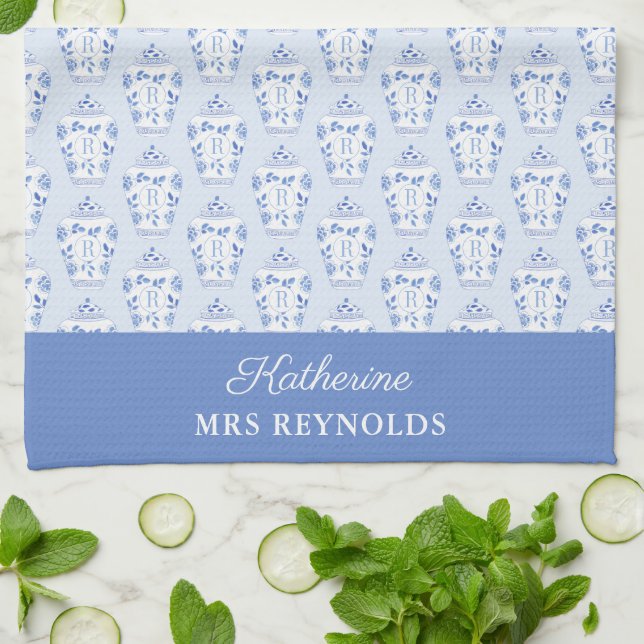 Preppy Something Blue Monogram Tea Towel (Folded)