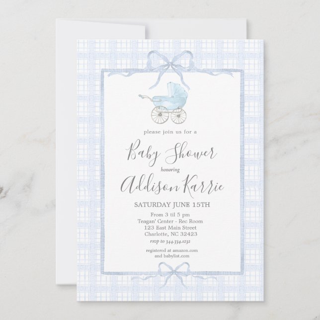 Preppy Southern baby carriage baby shower invite (Front)