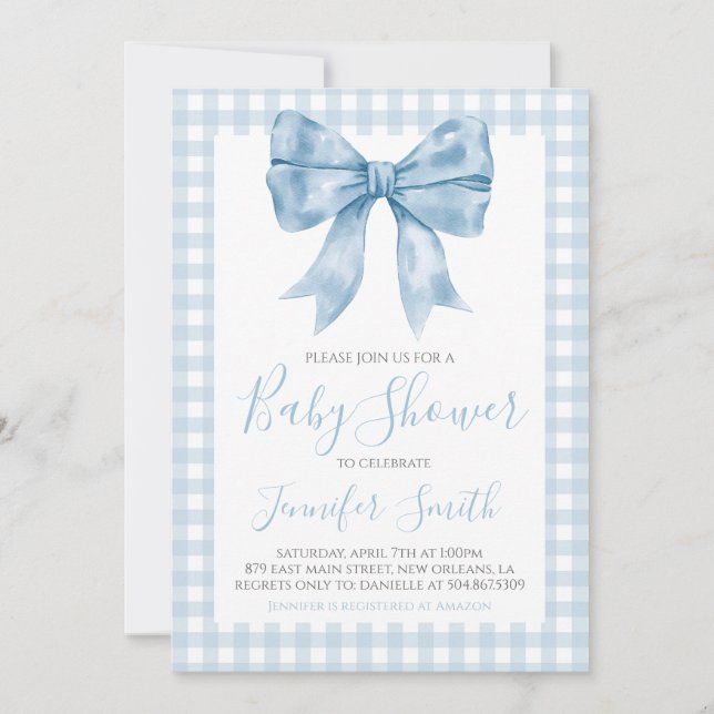 Preppy Southern Blue Bow Boy Baby Shower Invitation (Front)