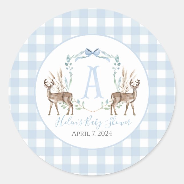 Preppy Southern Blue Boy Deer Baby Shower Classic Round Sticker (Front)