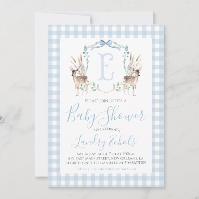Preppy Southern Blue Boy Deer Hunter Baby Shower Invitation (Front)