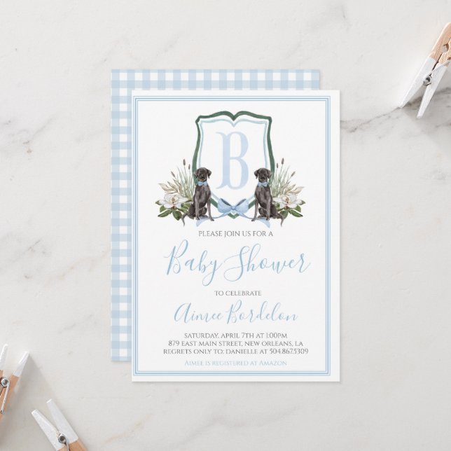 Preppy Southern Blue Boy Dog Baby Shower Invitation (Front/Back In Situ)