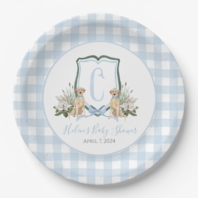 Preppy Southern Blue Boy Dog Baby Shower Paper Plate (Front)