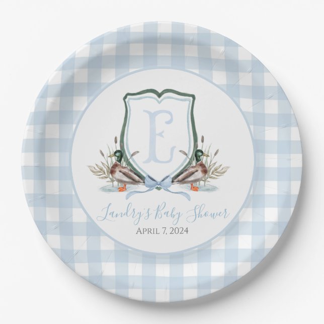 Preppy Southern Blue Boy Duck Baby Shower Paper Plate (Front)