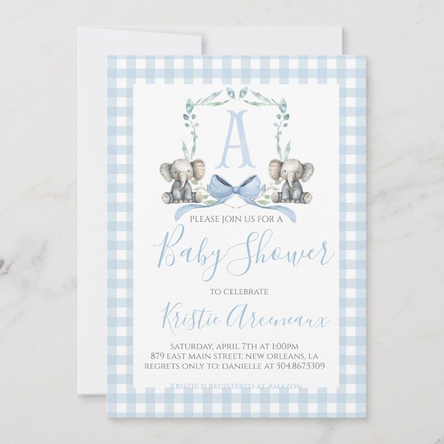 Preppy Southern Blue Boy Elephant Baby Shower Invitation (Creator Uploaded)