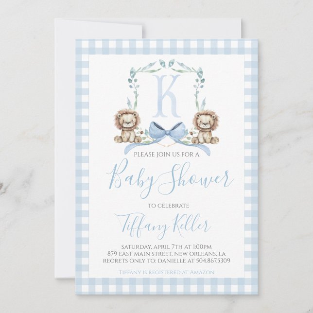 Preppy Southern Blue Boy Lion Baby Shower Invitation (Creator Uploaded)