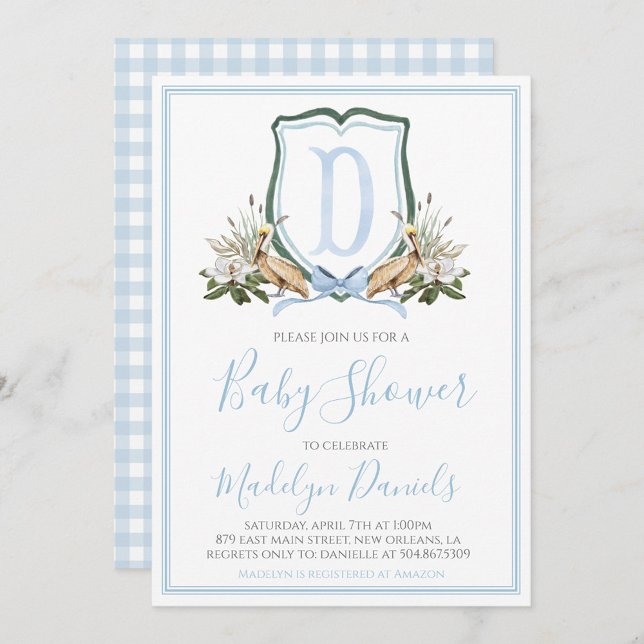Preppy Southern Blue Boy Pelican Baby Shower Invitation (Creator Uploaded)