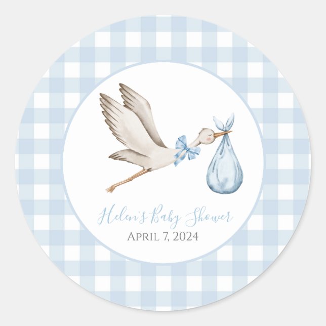 Preppy Southern Blue Boy Stork Baby Shower Classic Round Sticker (Front)