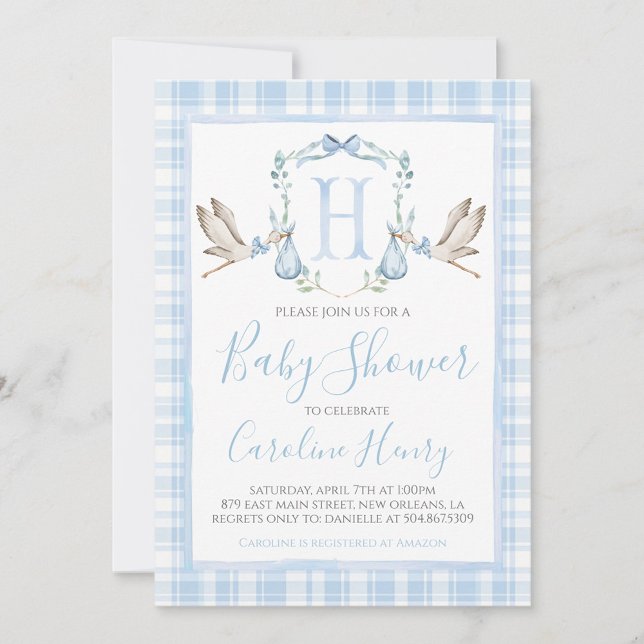 Preppy Southern Blue Boy Stork Baby Shower Invitation (Creator Uploaded)