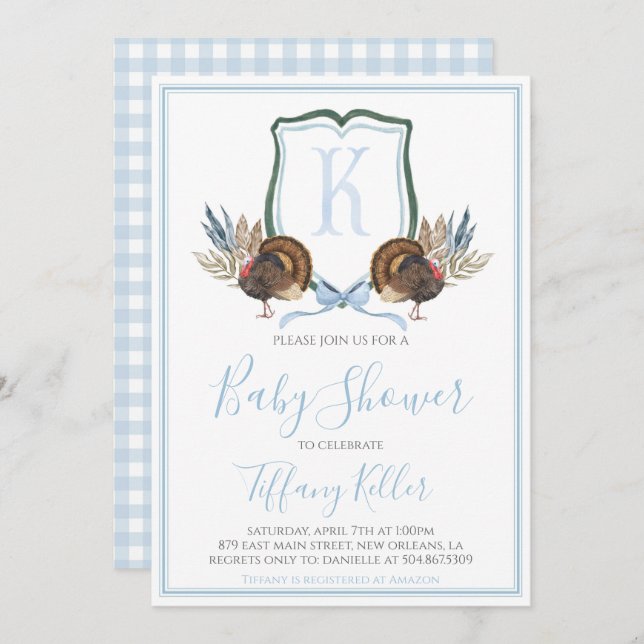 Preppy Southern Blue Boy Turkey Baby Shower Invitation (Front/Back)