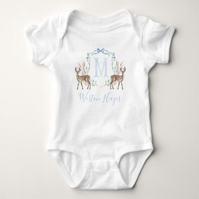 Preppy Southern Blue Deer Boy Baby Shower Bodysuit (Front)