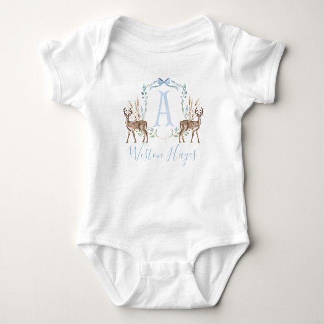 Preppy Southern Blue Deer Boy Baby Shower Bodysuit (Front)