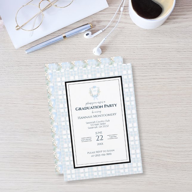 Preppy Southern Gingham Monogram Graduation Party Invitation (Creator Uploaded)