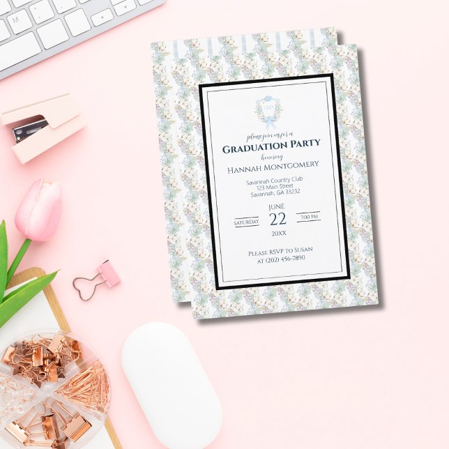 Preppy Southern Gingham Monogram Graduation Party Invitation (Creator Uploaded)