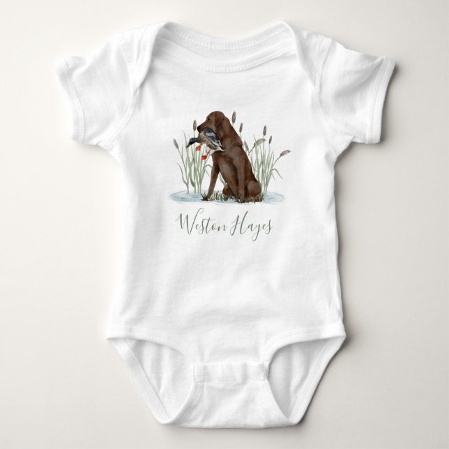 Preppy Southern Green Duck Dog Boy Baby Shower Baby Bodysuit (Front)